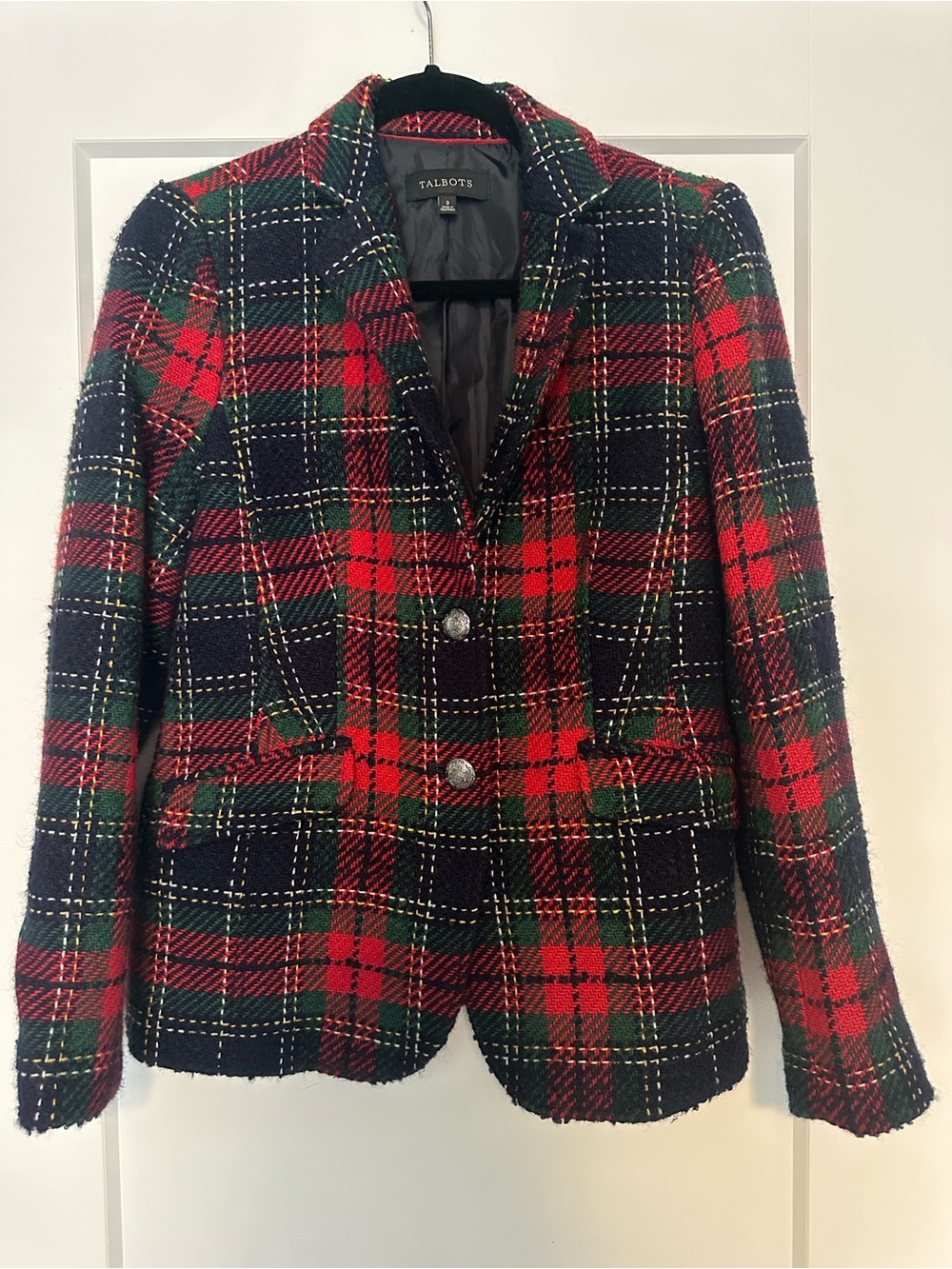 Talbots Red & Black Plaid Tweed Blazer